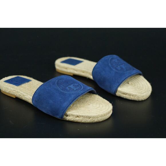 Tory Burch Benton Espadrille Slide Sandals Size 5.5 Blue Band $255 Logo NIB - Picture 3 of 11